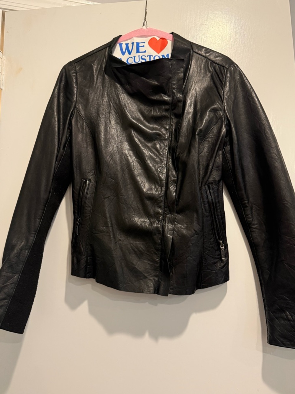 Classic Black Leather Jacket with Asymmetrical Front